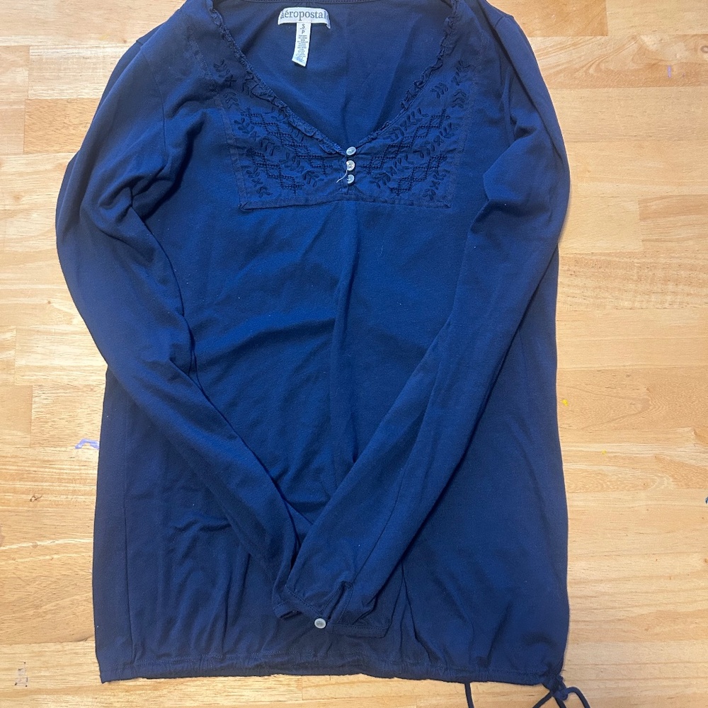 Aeropostale navy blue long sleeve top, size S, with embroidered plunge neckline